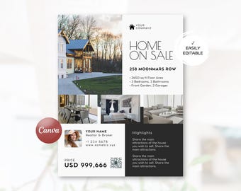 Modern House-on-Sale Flyer Template Price-Tagged with QR-Code, 8.5x11 Coming-Soon Canva-Editable Book-Now Real-Estate Printable Poster