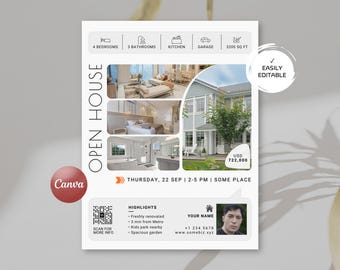 Luxury Open House Real Estate Flyer, Modern Canva Editable Template, Just Listed Property Marketing Poster, Realtor Agent QR Code Printable