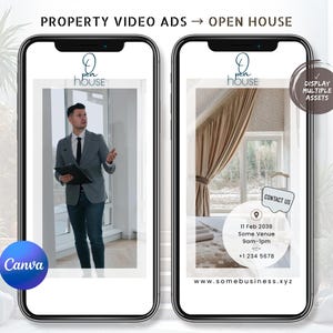 Może przedstawiać: Dwa smartfony wyświetlające reklamy wideo nieruchomości na dzień otwarty. Ekrany pokazują osobę w marynarce, beżowe zasłony oraz tekst: 'Open House', 'Contact Us', '11 Feb 2038', 'Some Venue', '9am-1pm', '+1 234 5678' oraz 'www.somebusiness.xyz'.