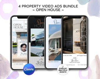 Open House Real Estate Video Ad Templates Bundle, Editable Canva Property Marketing, Animated Realtor Social Media Story, FSBO Listing Promo