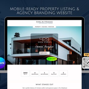 Puede incluir: Una pantalla de portátil muestra una plantilla de sitio web inmobiliario. El sitio web presenta una casa moderna con la dirección "429 Sven Street" y el texto "Owners' Paradise". Un código QR y el texto "Scan Me" también son visibles.