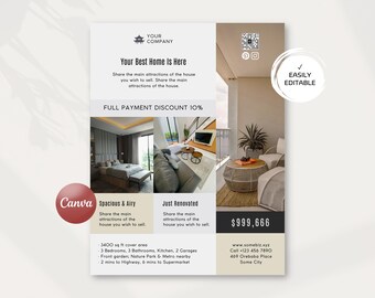 Editable Modern Home-for-Sale Flyer, Luxury Canva FSBO Brochure, 8.5x11 Print-Ready House Listing Poster Handout, Instant Access