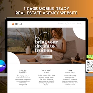 Peut inclure: Un écran d'ordinateur portable affiche un site web d'agence immobilière avec le texte "1-PAGE MOBILE-READY REAL ESTATE AGENCY WEBSITE." Le site web présente une femme, le texte "bring your dream to fruition" et un code QR. Le logo Canva est visible.
