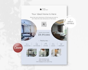 Luxury Home-for-Sale Flyer Template, Canva Just-Listed FSBO Brochure, 8.5"x11" House-Showing Print-Ready Poster Handout