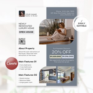 May include: A real estate flyer template featuring a white and gray layout with text fields for property details, contact information, and pricing. It includes placeholders for images of a living space, a kitchen, and a bedroom, plus a QR code.