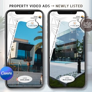 Peut inclure: Deux écrans de smartphone affichant des publicités vidéo immobilières. L'un montre une maison moderne avec un ciel bleu, l'autre un bâtiment vitré. Les deux incluent des coordonnées et des informations sur les biens.