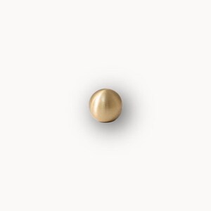 Single solid round cabinet knob, brushed brass drawer pull on light background