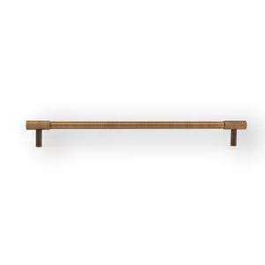 Puede incluir: Un tirador de armario de color bronce con una barra cil&iacute;ndrica texturizada y extremos en forma de T. El herraje tiene un dise&ntilde;o moderno y minimalista. El tirador se muestra sobre un fondo blanco.