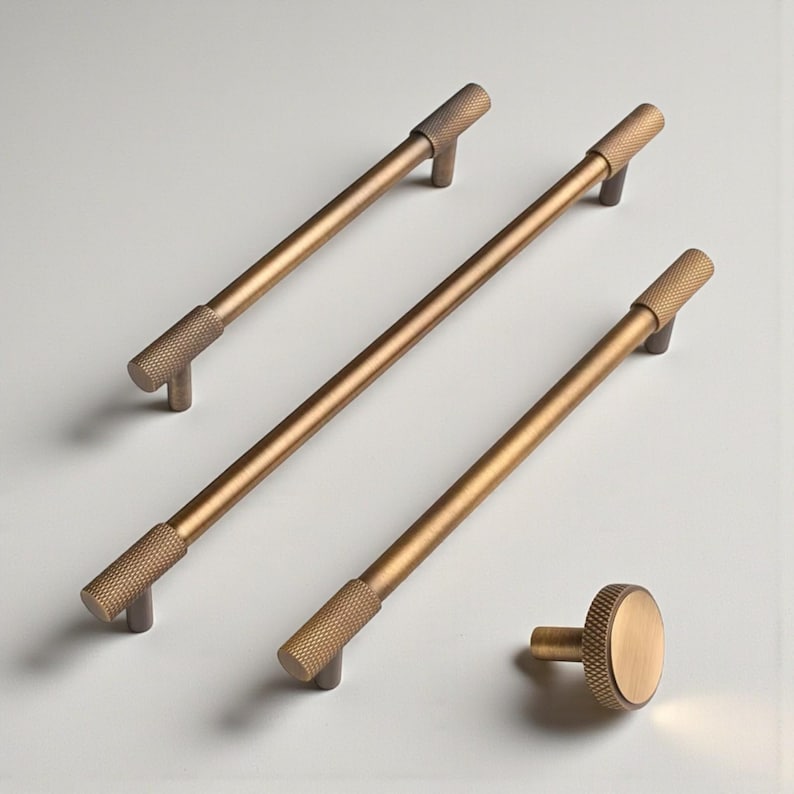 Solid brass cabinet pulls and knobs set with knurled texture, brushed brass finish, modern drawer handles for kitchen cabinets and wardrobes