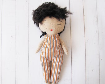 heirloom doll pattern - tutorial for fabric doll with embroidered features, wool hair and jumpsuit or dress, 35 cm tall (15 inches)