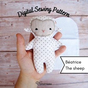 sheep sewing pattern, 16 cm 6,5 tall stuffie with a sleeping bag image 2