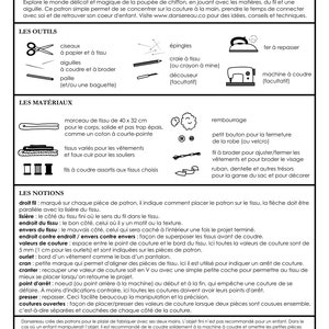 Peut inclure: Un guide de patrons de couture avec des illustrations d'outils et de mat&eacute;riaux n&eacute;cessaires &agrave; la cr&eacute;ation. Comprend des ciseaux, des aiguilles, du tissu, du fil et une machine &agrave; coudre. Le texte indique "Dansereau" et fournit des instructions.