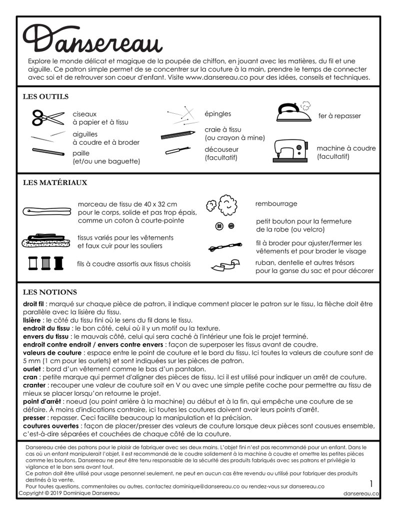 Peut inclure: Un guide de patrons de couture avec des illustrations d'outils et de mat&eacute;riaux n&eacute;cessaires &agrave; la cr&eacute;ation. Comprend des ciseaux, des aiguilles, du tissu, du fil et une machine &agrave; coudre. Le texte indique "Dansereau" et fournit des instructions.