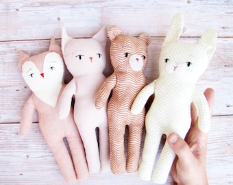 animal pattern bundle - sewing pattern bundle for the fox, cat, bear and bunny doll , no clothing included, 15 cm high stuffies