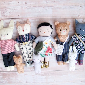 pattern bundle animal and doll - sewing pattern dress up doll and stuffies, plus the tiny plushie