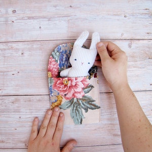 bunny sewing pattern, 16 cm (6,5") tall plushie with a sleeping bag