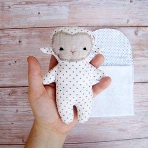 sheep sewing pattern, 16 cm 6,5 tall stuffie with a sleeping bag image 1