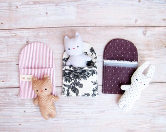 tiny animal pattern no.1 -  sew a small teddy, bunny or cat plushie with a sleeping bag, 9 cm tall (3,5 inches), good size for doll house