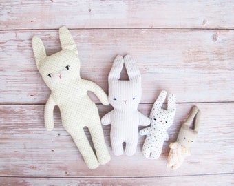 bunny pattern bundle - pdf sewing tutorial for 4 sizes of rabbit plushies