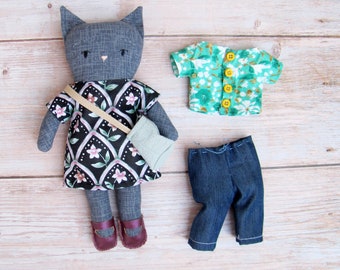 cat sewing pattern - pdf tutorial including patterns and instructions for a kitty doll and 6 clothing pieces, 25 cm tall (10 inches)