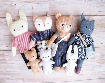 pattern bundle animals - sewing pattern dress up doll and plushie with sleeping bag and tiny plush