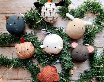 christmas ornament sewing pattern,  sew xmas bauble for the tree this holiday, 7 cute animals are included , around 23 cm in diameter (9")