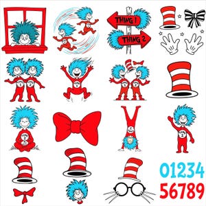 Pakiet Dr. Suessa PNG, Mała Miss Thing PNG, Kapelusz kota, The Thing, Czytaj przez Amerykę, Prezent dla nauczyciela Rzecz 1 Rzecz 2 sublimacja cyfrowa