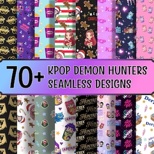May include: A collection of over 70 seamless designs with a KPOP theme. The patterns feature cartoon characters, popcorn buckets, gingerbread men, and holiday elements. The designs are in various colors, including purple, pink, and black.