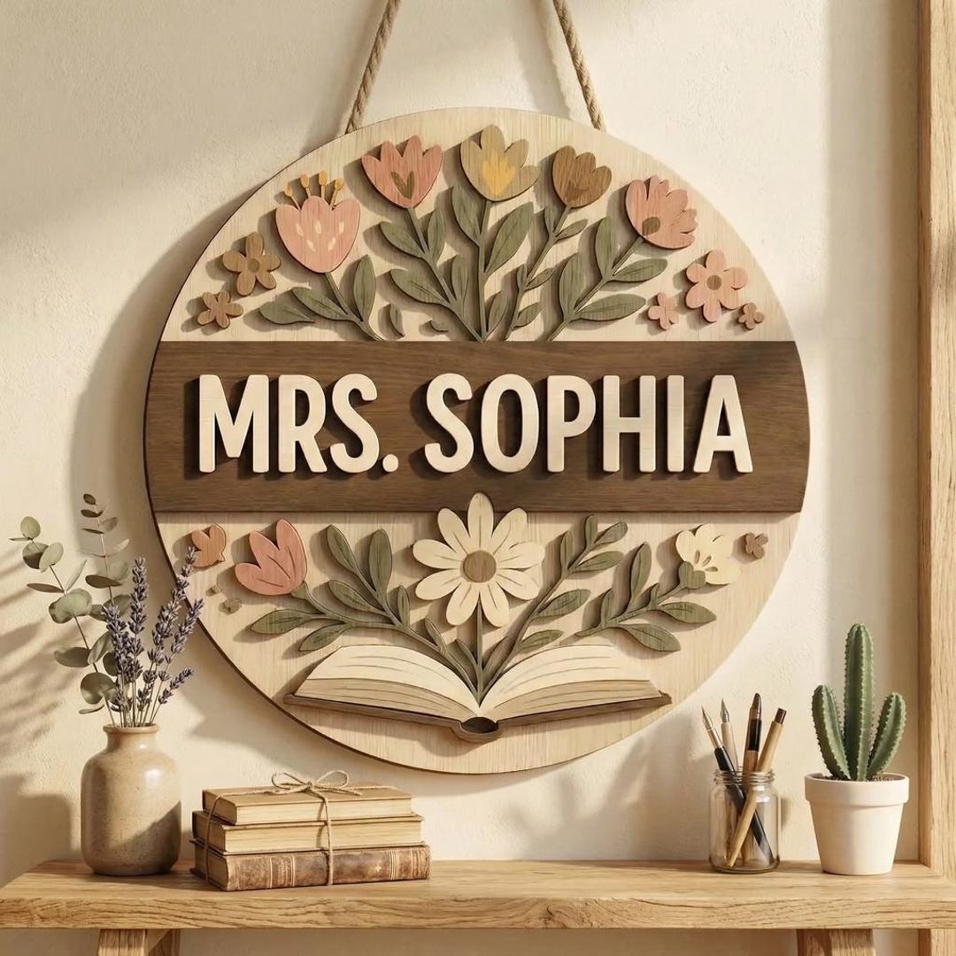 Personalized Teacher Name Wooden Sign, Floral Classroom Door Sign ...