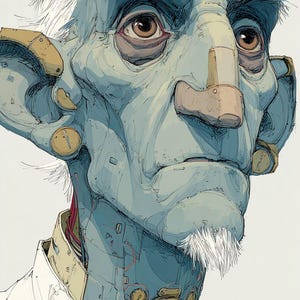Puede incluir: Una ilustración digital de una figura humanoide de piel azul pálido con orejas grandes, ojos marrones y vello facial blanco. La figura presenta componentes mecánicos en el cuello, detalles dorados y viste una prenda de cuello blanco.