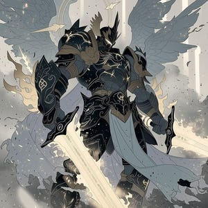 May include: An illustration of a warrior in black armor with intricate gold detailing, holding two glowing swords. The warrior has large feathered wings and a halo, set against a cloudy, ethereal background. The artwork has a fantasy theme.