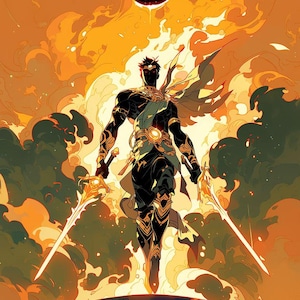 May include: Digital illustration of a figure in black and gold armor, holding two golden swords. The background features an orange and yellow sky with a dark eclipse. The figure stands on a planet.