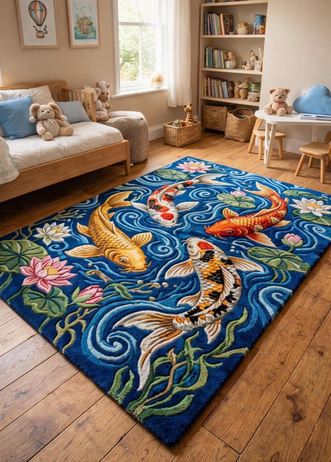 Handmade Koi Fish Tufted Rug, Blue Pond Carpet, Lotus Water Lily Design ...