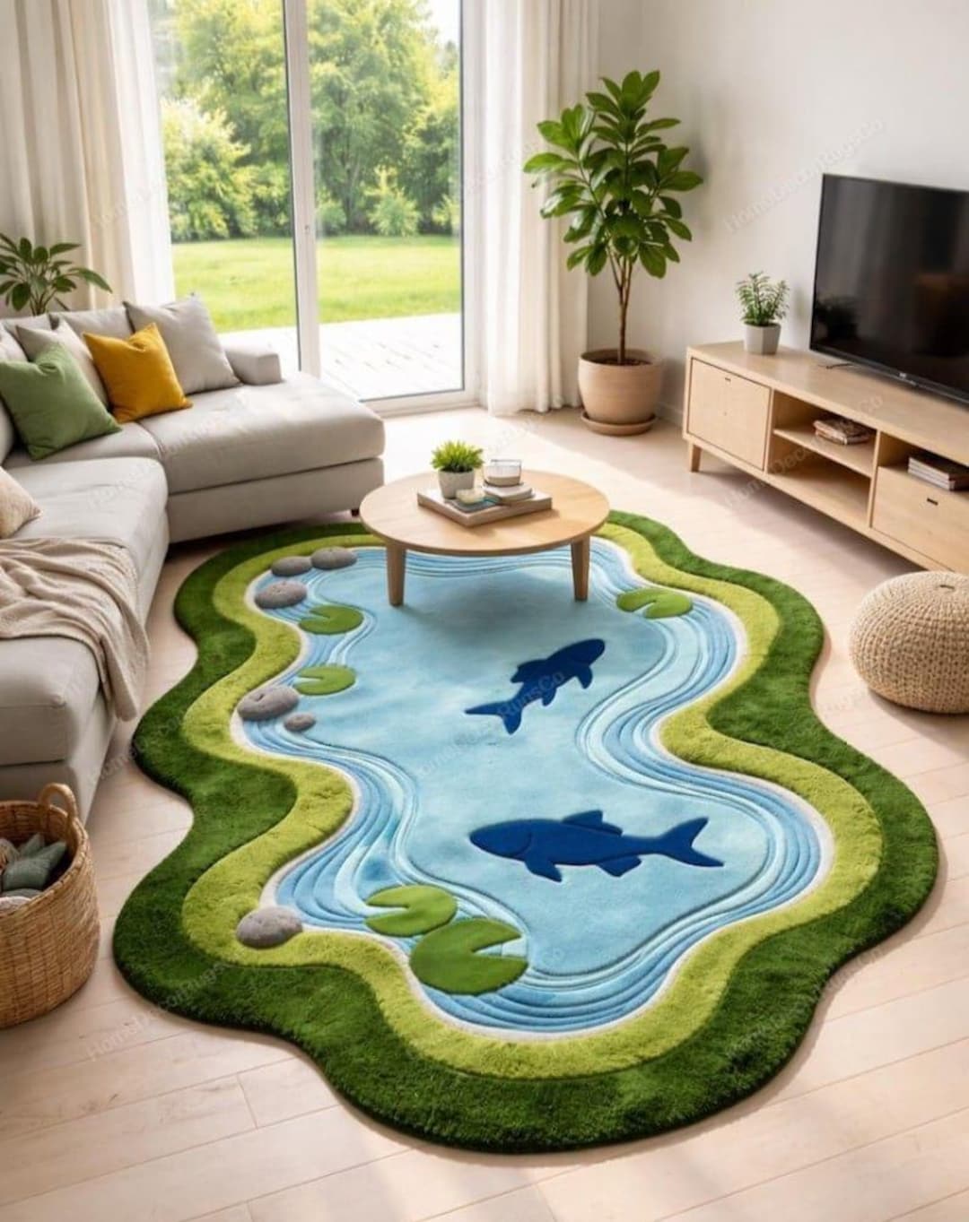 Hand-tufted Wool Pond Rug With Fish Design, Blue Green Playroom Carpet ...