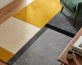 Mustard Yellow Mid Century Modern Geometric Wool Rug – Handmade Area Carpet