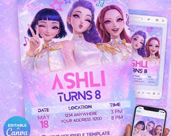 Kpop Demon Hunter Birthday Invitation - Editable Canva Template - Digital Download