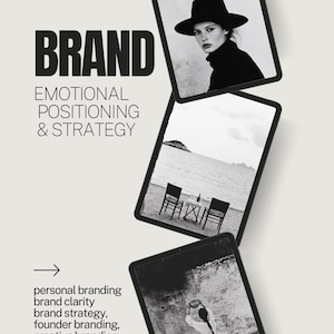 May include: An image with three digital tablets, each with a black and white photograph. The top tablet shows a person wearing a hat. The middle tablet shows two chairs and a table on a beach. The bottom tablet shows a person holding sunglasses. The word "BRAND" is displayed in large, bold text.