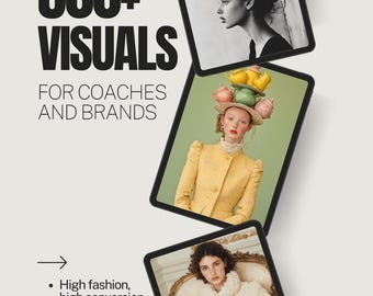 Może przedstawiać: Reklama z trzema tabletami wyświetlającymi obrazy mody. Tekst brzmi "500+ VISUALS FOR COACHES AND BRANDS". Poniżej, punktorami podkreślono wysoką modę i zdjęcia redakcyjne. Obrazy przedstawiają modelki w stylowych strojach.