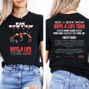 May include: Black t-shirt featuring a graphic of B2K and Bow Wow's Boys 4 Life Tour. The front design includes the tour name and a photo of the artists. The back lists tour dates and special guests, including Pretty Ricky.