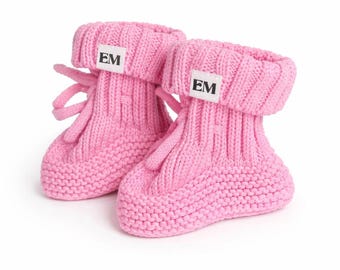 Knit Baby Booties- 100% Cotton Booties, Birth Announcement Outfit, Baby Shower Gift, 0-6 mo