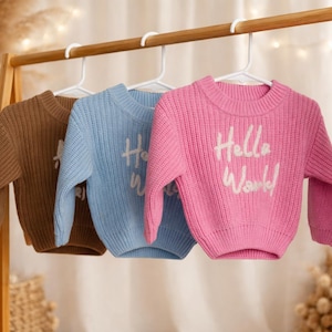 May include: Three children's sweaters in brown, light blue, and pink hang on a wooden rack. The pink sweater has the words "Hello World!" in white script. The sweaters are made of a thick knit material.