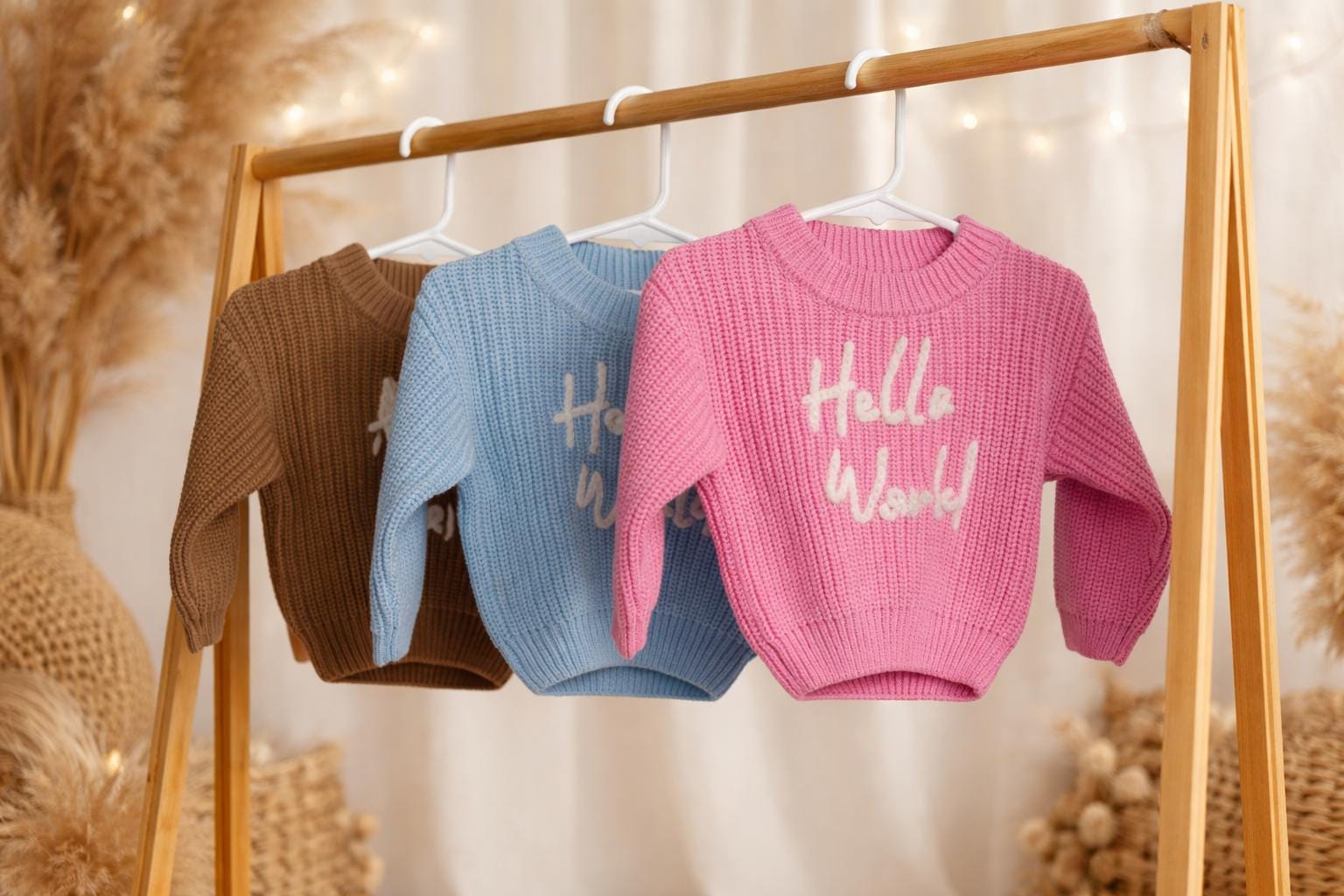 Hello World Knit Baby Sweater Hand Chrocheted Cotton Jumper Newborn Announcement Outfit