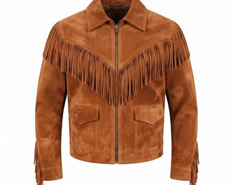 Men's Cognac Suede Fringe Jacket, Western Cowboy Style, Handmade Leather