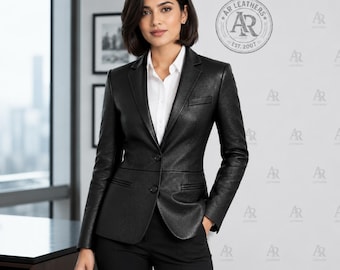 Zwarte gewaxte lamsleren blazer – slim-fit kantoorjack, designer damesjas