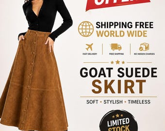 Goat Suede Midi Skirt – High Waist A-Line, Custom Fit Handmade Leather