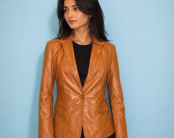 Gewaxte lamsleren damesblazer, cognac éénknoopsjack, formele kantoorbruiloftjas