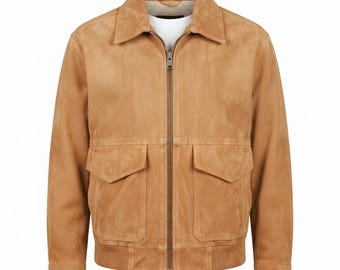 Handmade Tan Suede Bomber Jacket, Genuine Leather, Vintage Style Men's Outerwear