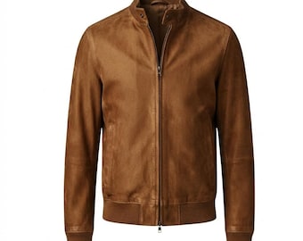 Men's Brown Suede Leather Bomber Jacket, Handmade Vintage Style