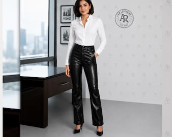 Zwarte lamsleren broek – slim-fit broek met rechte pijpen hoge taille
