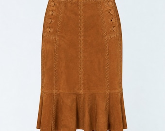 Bruine geitensuède midirok, hoge taille A-lijn, handgemaakt, custom-fit